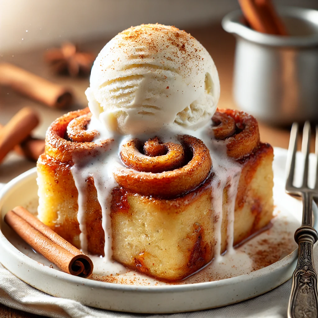 Cinnamon roll bread pudding with ice cream