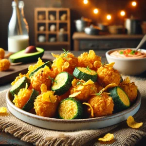 A plate of crispy zucchini bites with spicy cajun crust air-fried