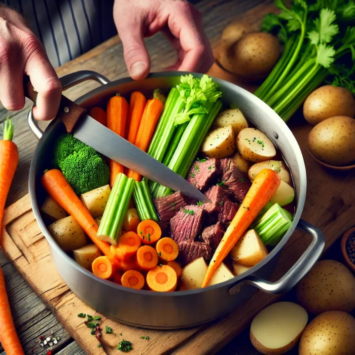 beef stew ingredients in a pot