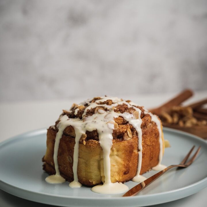 cinnamon roll bread pudding on a plate
