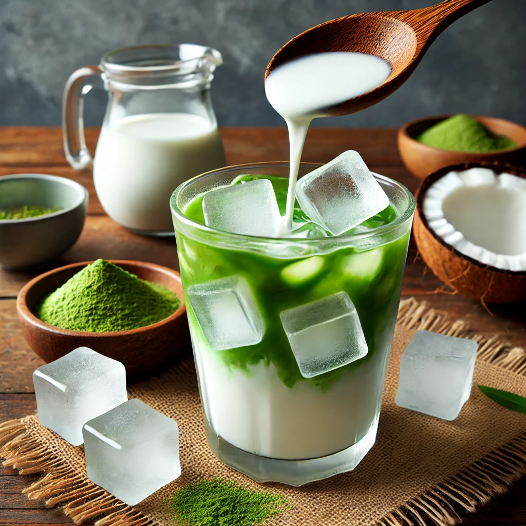 matcha drink with ice cubes