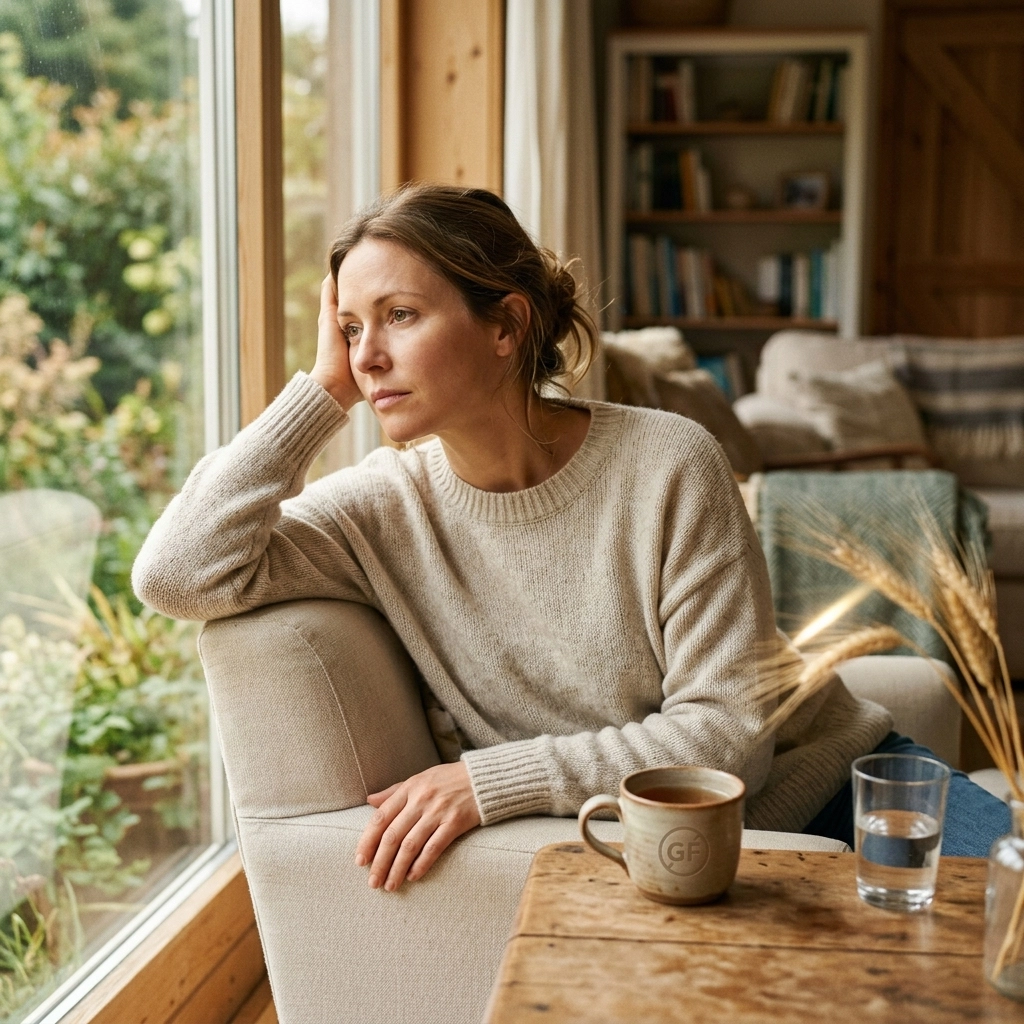 Chronic fatigue, lady sitting in a chair, hand on head