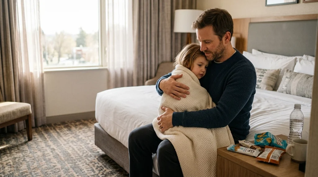 Kid in fathers arms.