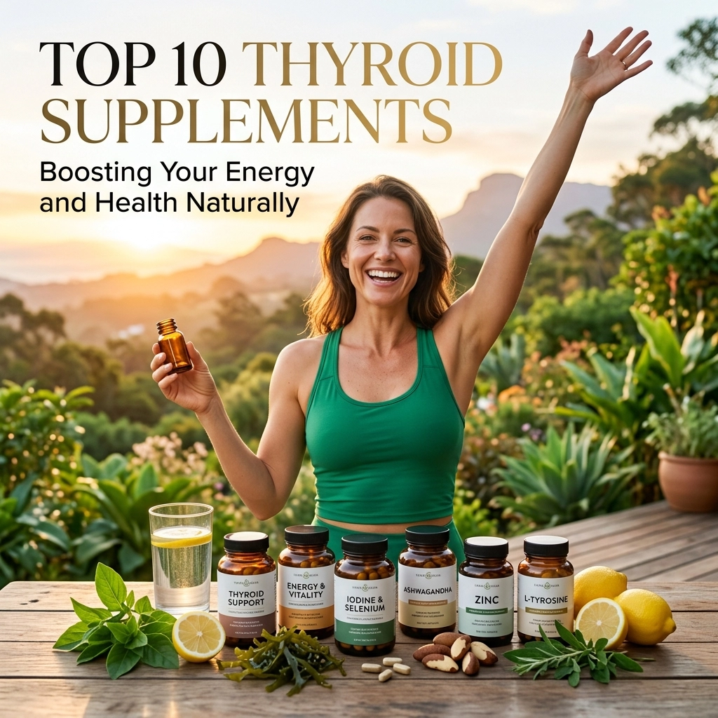 Picture of a women with supplements on a table.